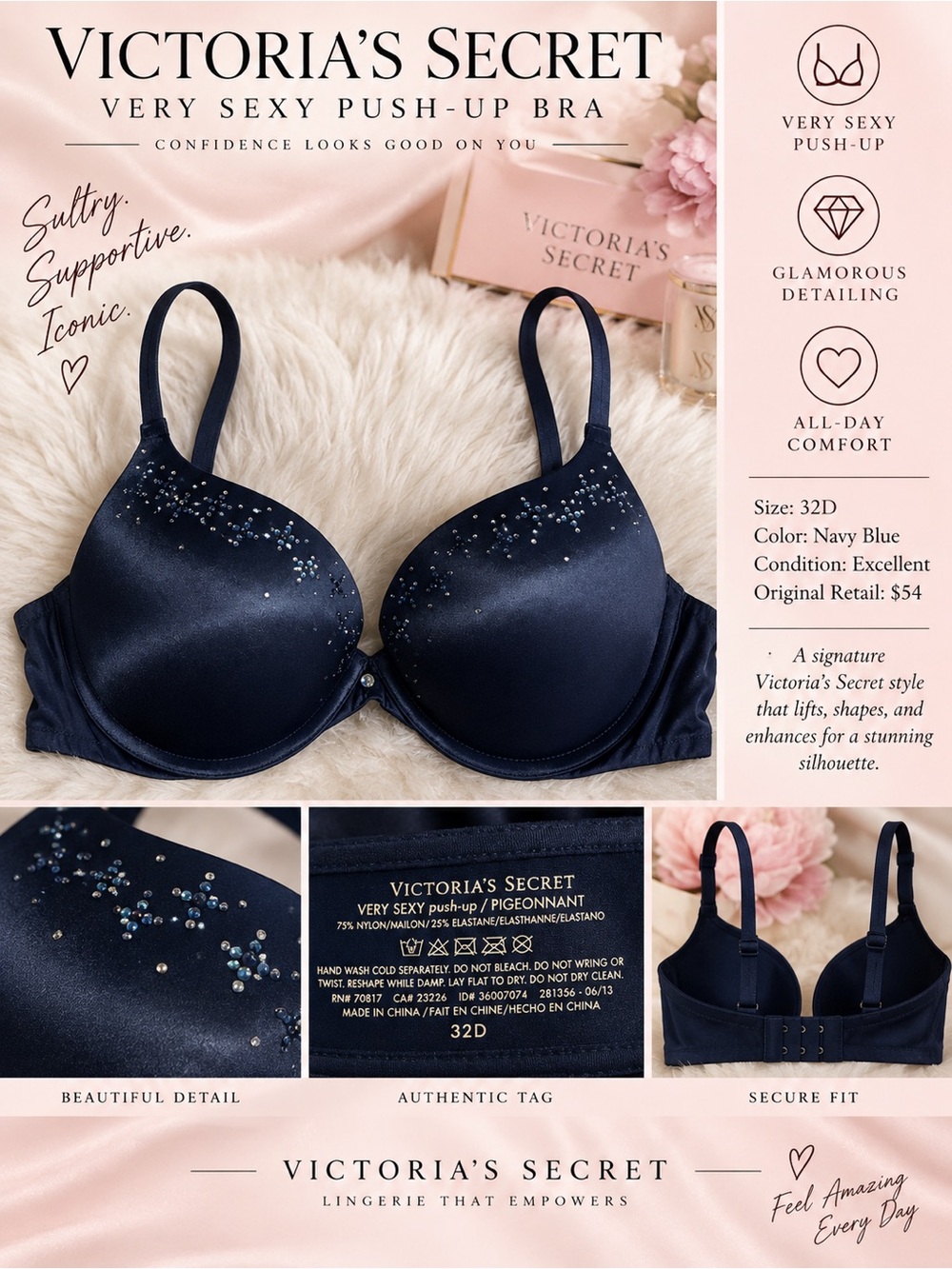 Victoria's Secret Navy Blue Very Sexy Push-Up Bra with Embellishments